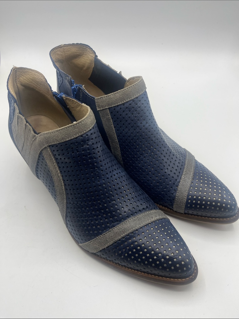 Perforated Navy and Gray Women's Ankle Booties with Side Zip